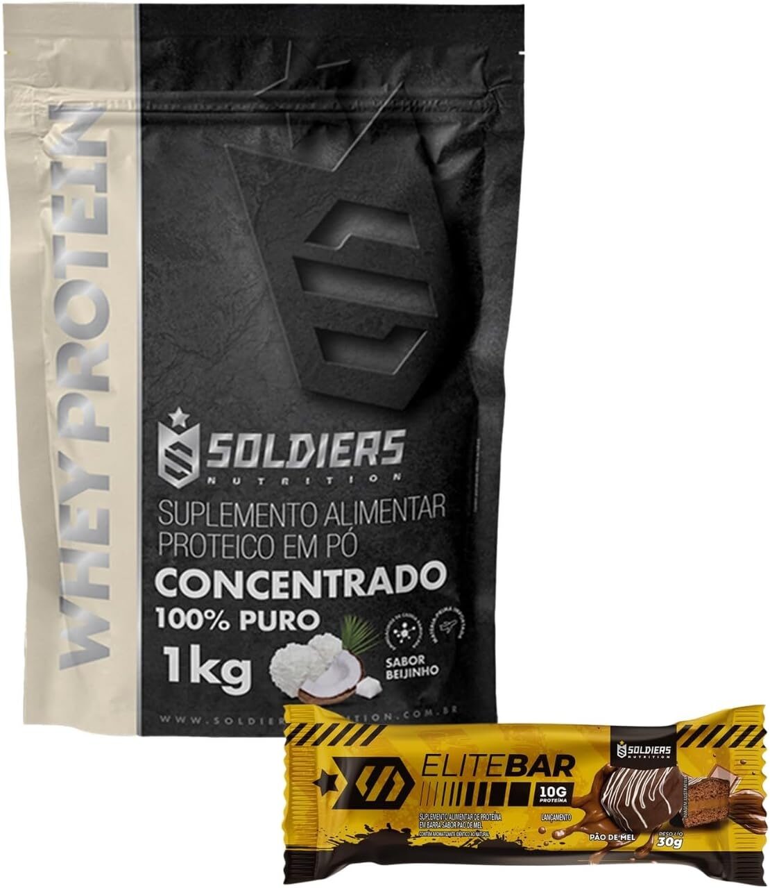Whey Protein 1Kg Beijinho + Barrinha Elitebar Pão de Mel 30g Soldiers Nutrition