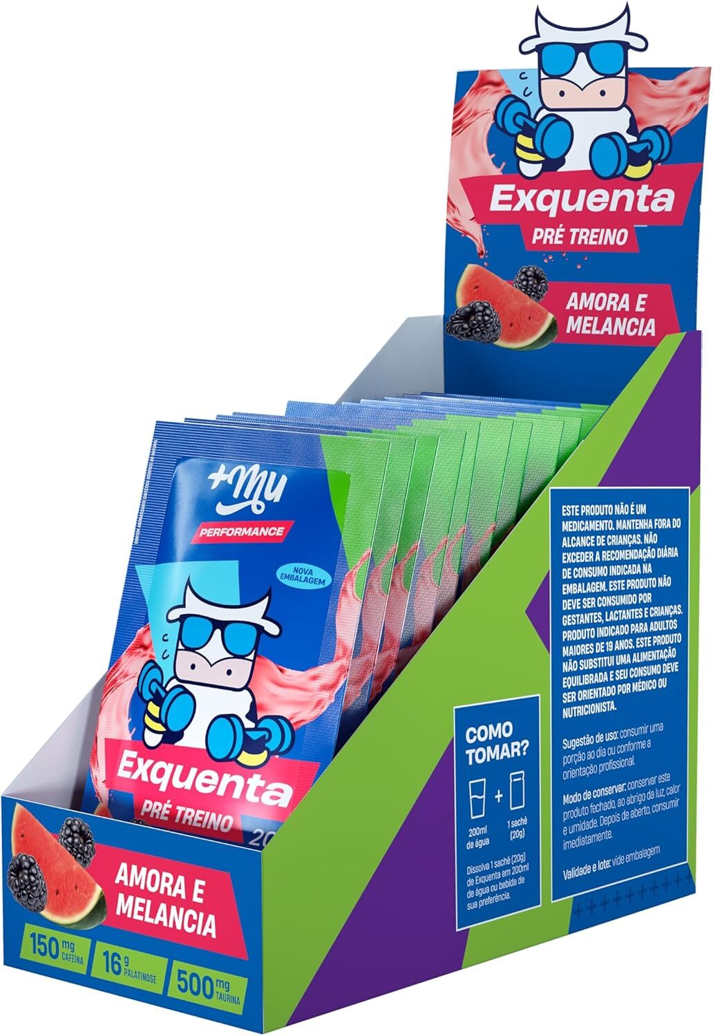 +Mu Pré Treino Exquenta Sabor Amora e Melancia - Display com 15 sachês - 300g